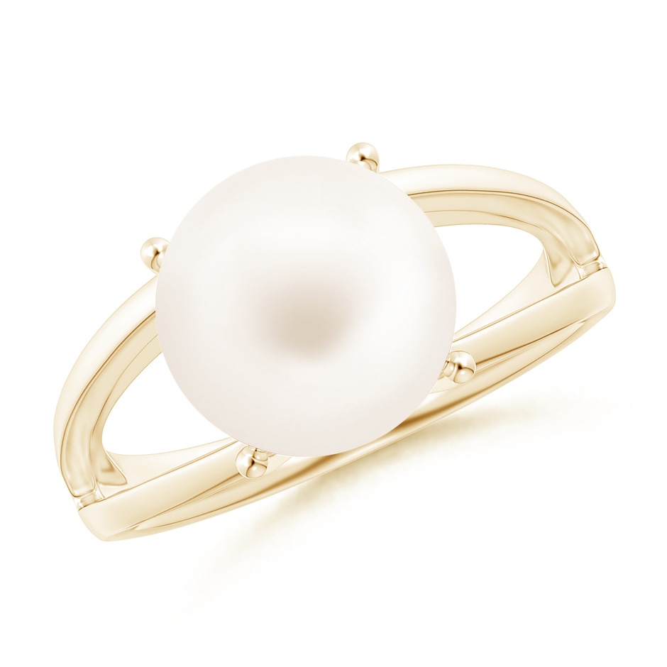 10mm AA Solitaire Freshwater Pearl Split Shank Ring in Yellow Gold 