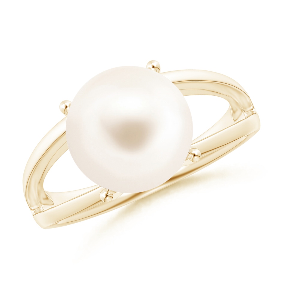 10mm AAA Solitaire Freshwater Pearl Split Shank Ring in Yellow Gold 