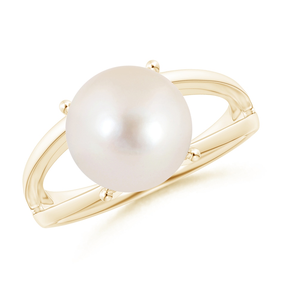 10mm AAAA Solitaire Freshwater Pearl Split Shank Ring in Yellow Gold 