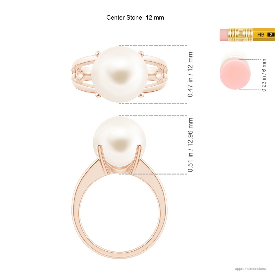 12mm AAA Solitaire Freshwater Pearl Split Shank Ring in Rose Gold ruler