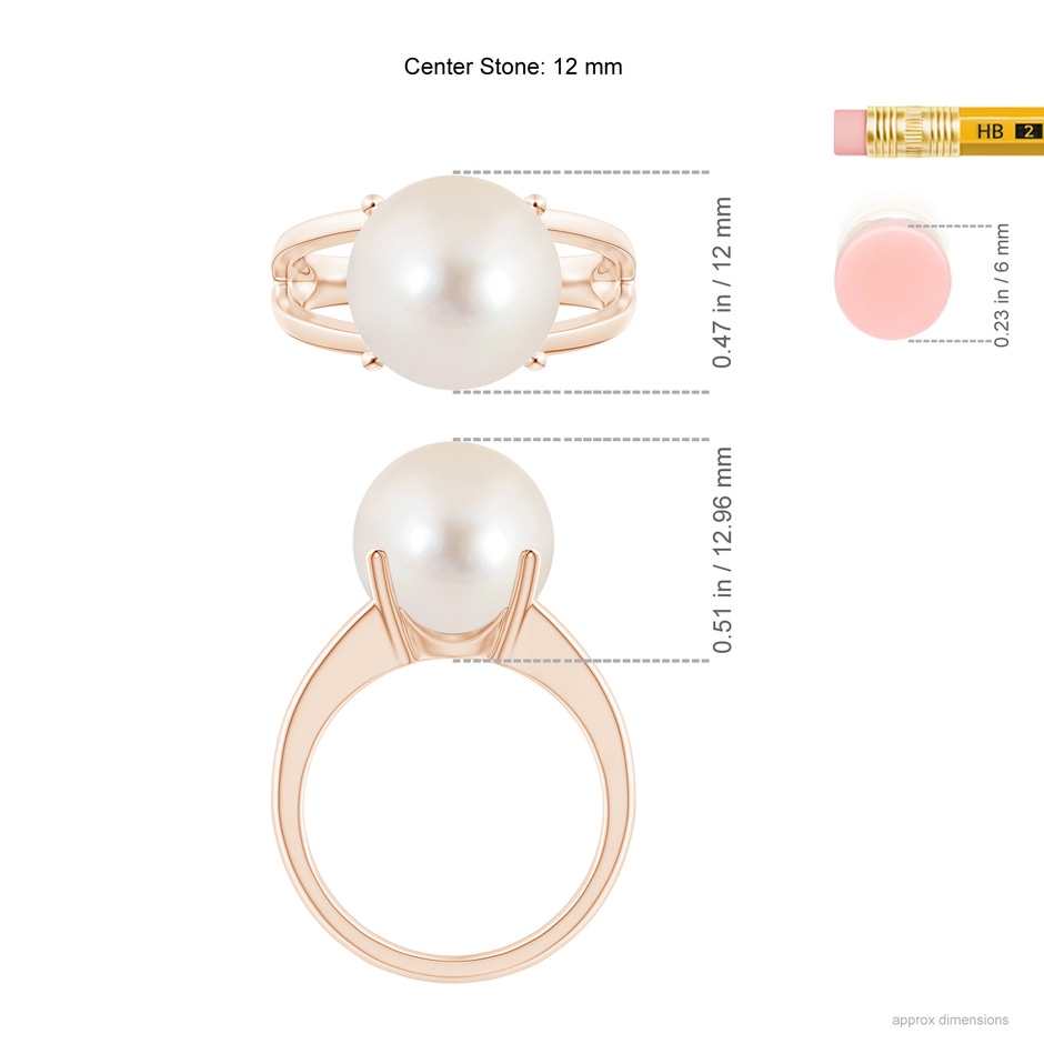 12mm AAAA Solitaire Freshwater Pearl Split Shank Ring in Rose Gold ruler