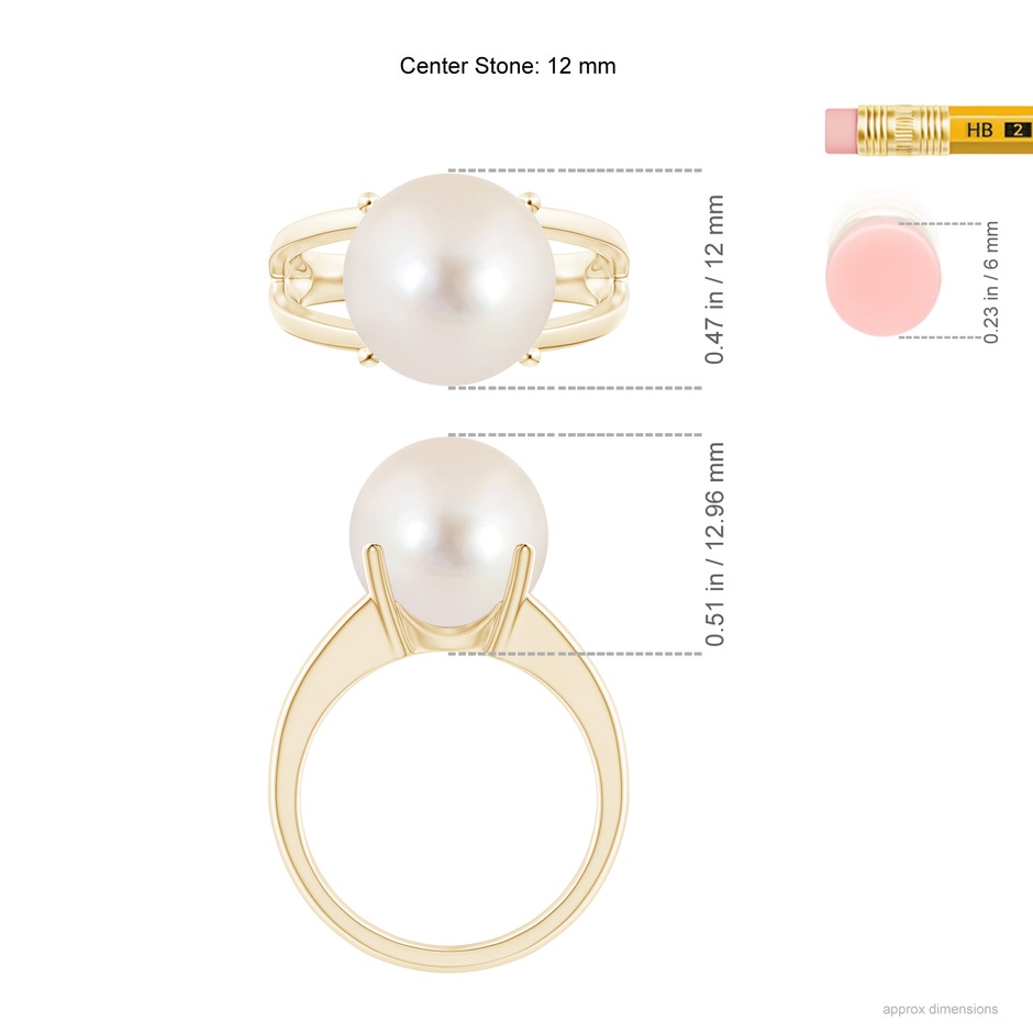 12mm AAAA Solitaire Freshwater Pearl Split Shank Ring in Yellow Gold ruler