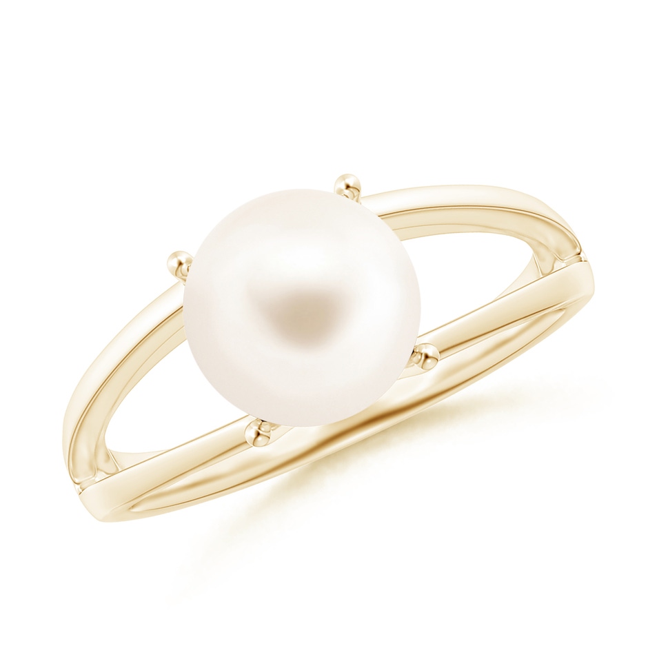 8mm AAA Solitaire Freshwater Pearl Split Shank Ring in Yellow Gold 