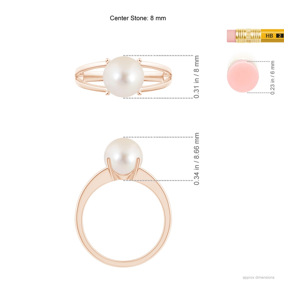 8mm AAAA Solitaire Freshwater Pearl Split Shank Ring in Rose Gold ruler