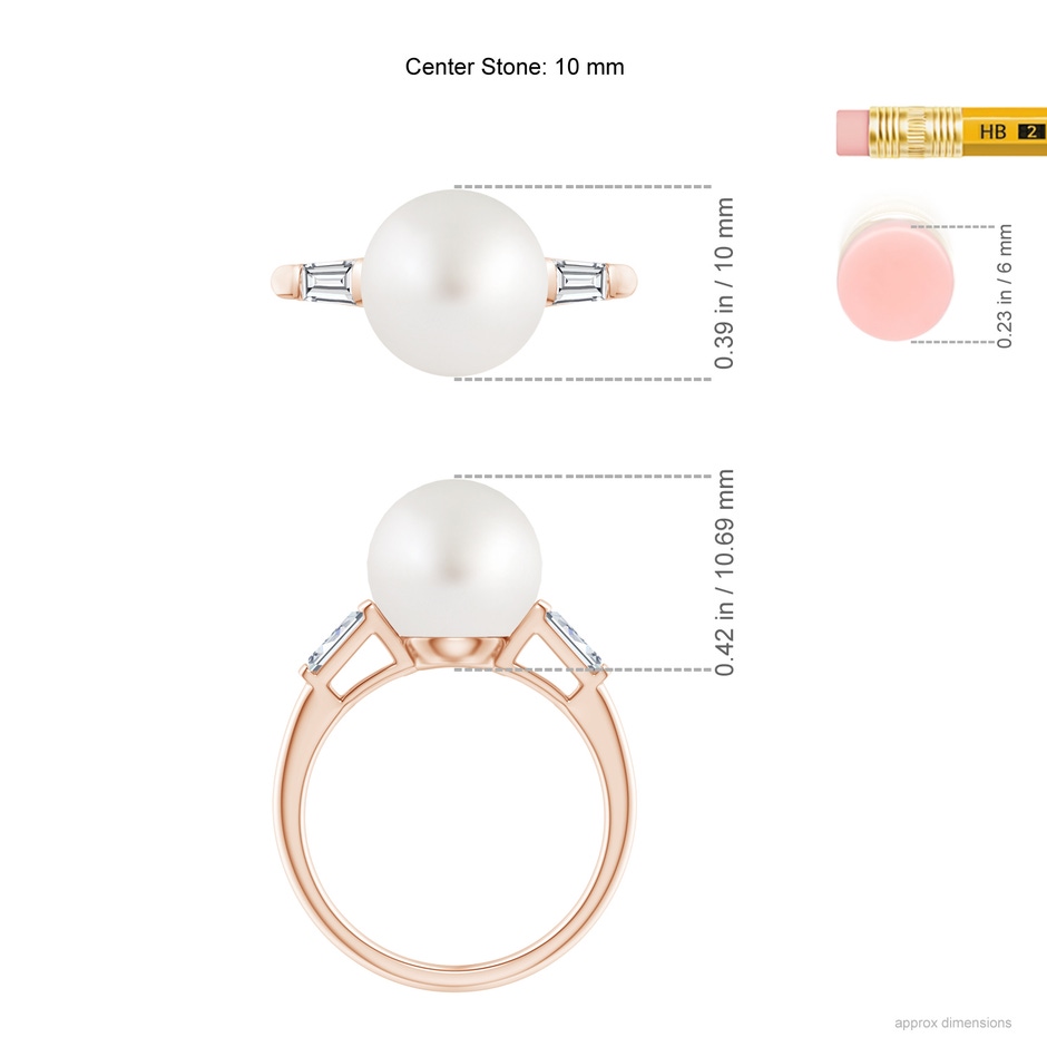 10mm AA South Sea Pearl Ring with Baguette Diamonds in Rose Gold ruler