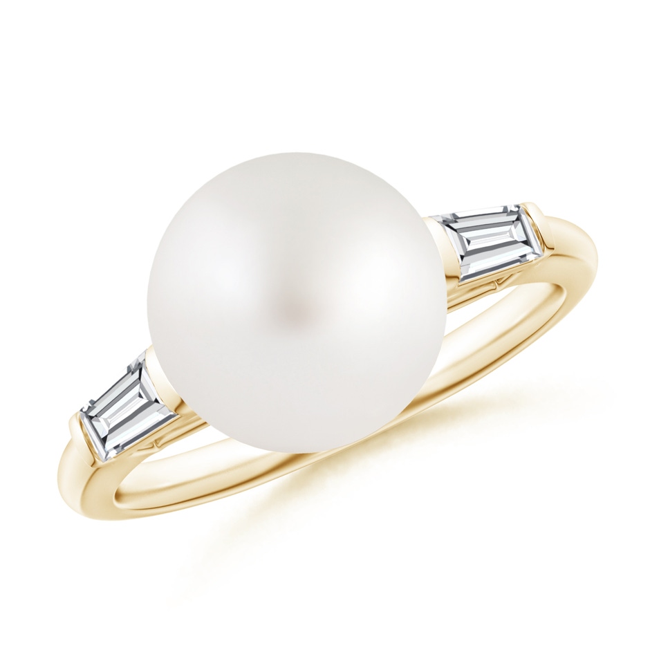10mm AA South Sea Pearl Ring with Baguette Diamonds in Yellow Gold 