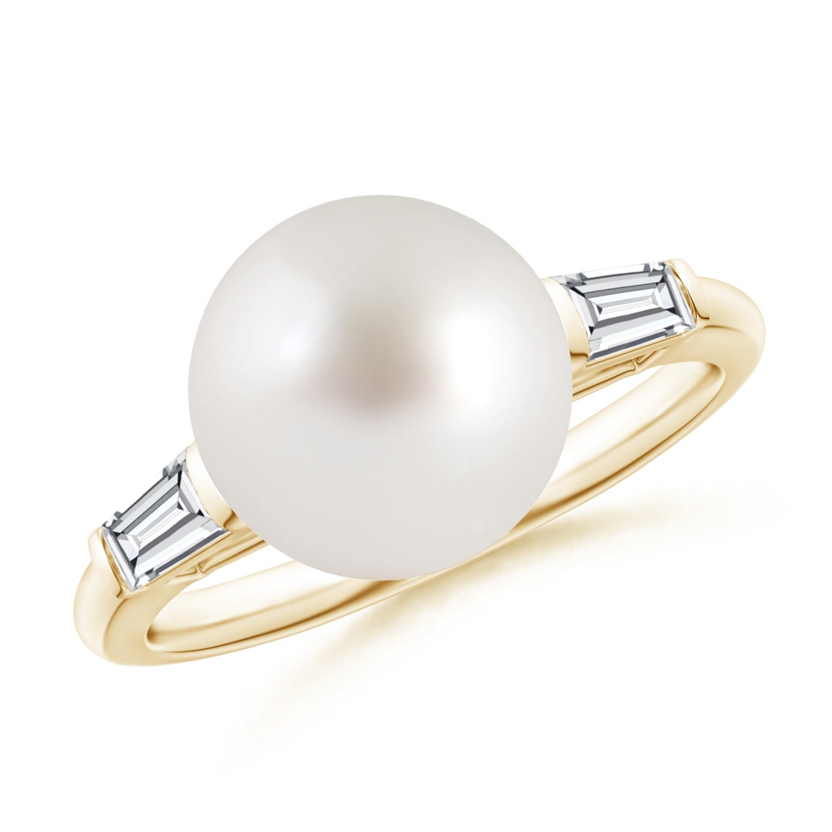 10mm AAA South Sea Pearl Ring with Baguette Diamonds in Yellow Gold 