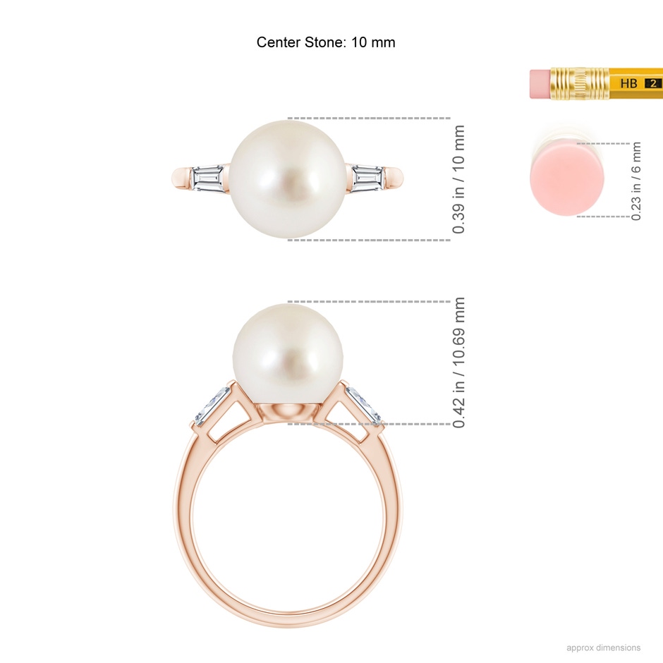 10mm AAAA South Sea Pearl Ring with Baguette Diamonds in Rose Gold ruler