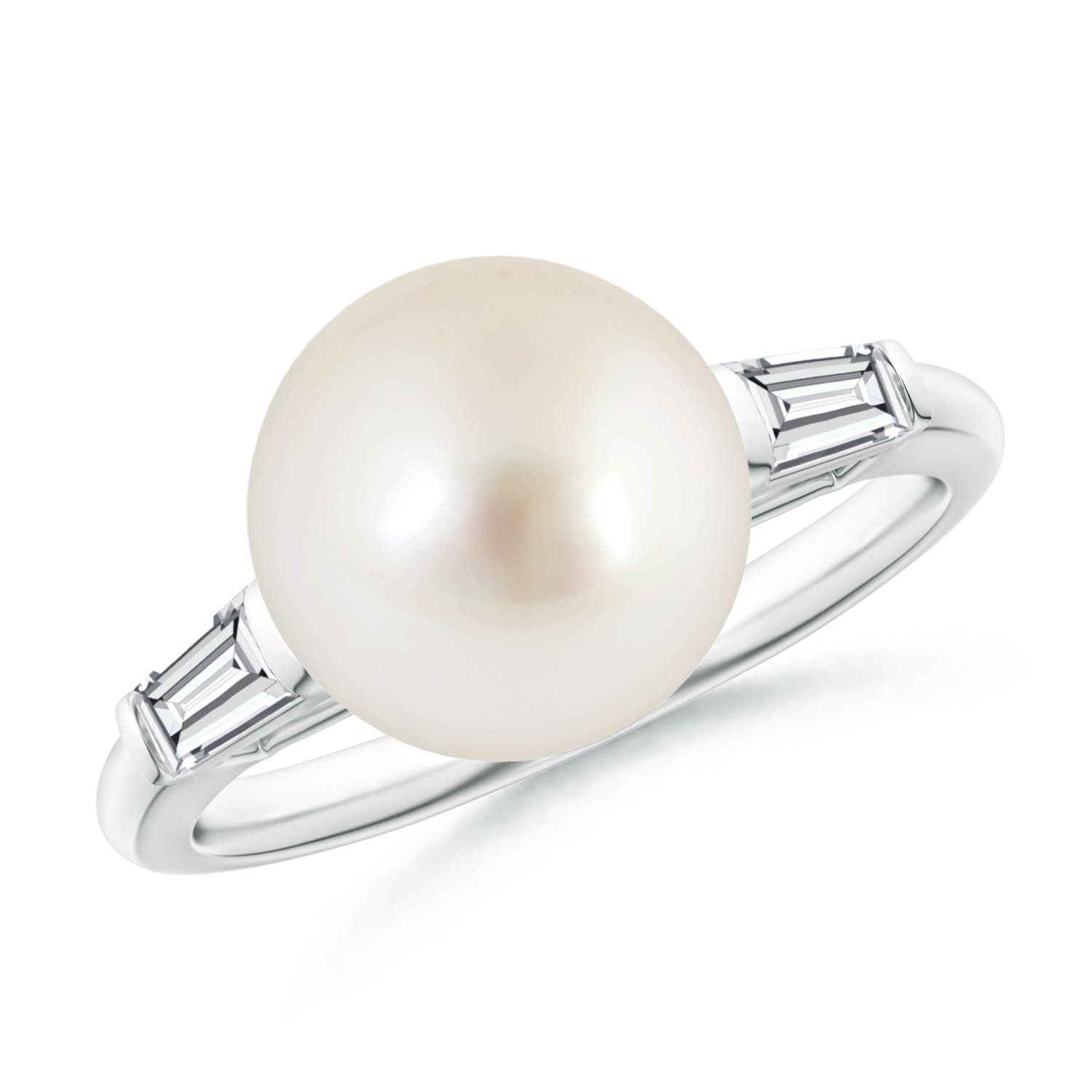 10mm AAAA South Sea Pearl Ring with Baguette Diamonds in White Gold