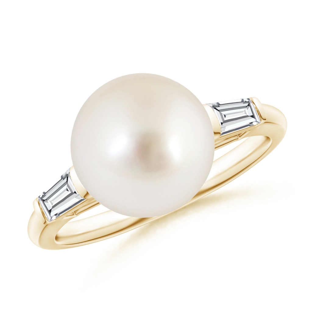 10mm AAAA South Sea Pearl Ring with Baguette Diamonds in Yellow Gold