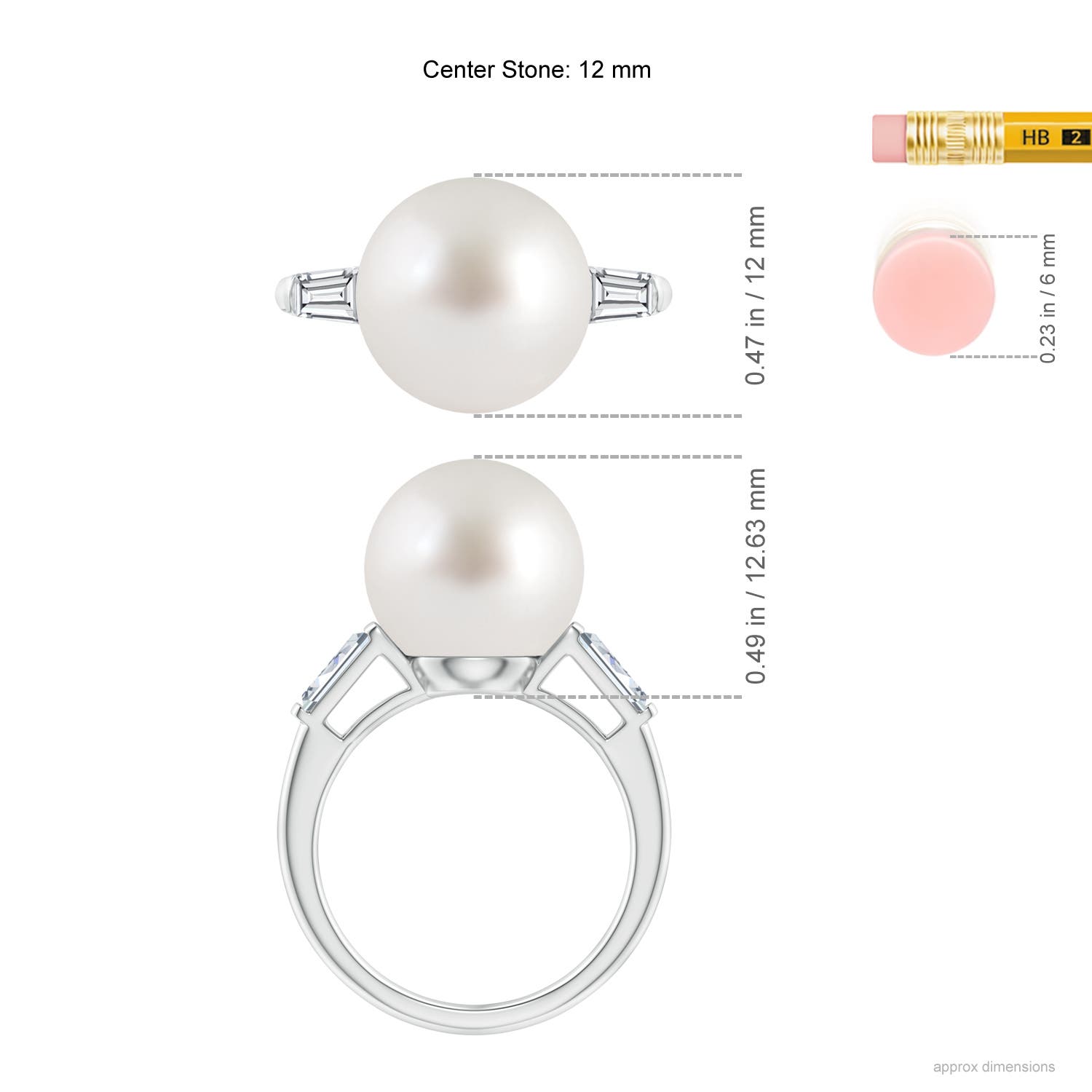 12mm AAA South Sea Pearl Ring with Baguette Diamonds in White Gold - ruler