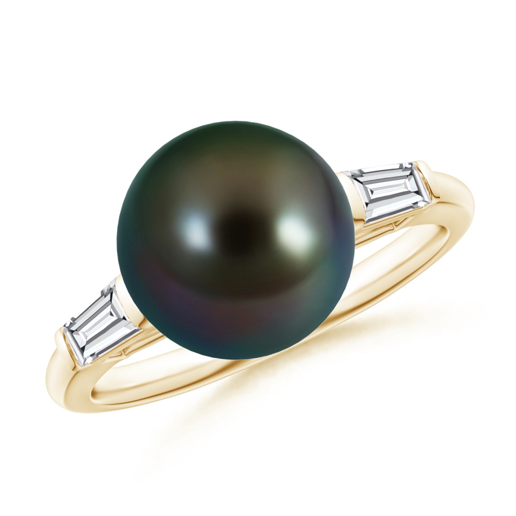 10mm AAAA Tahitian Pearl Ring with Baguette Diamonds in Yellow Gold