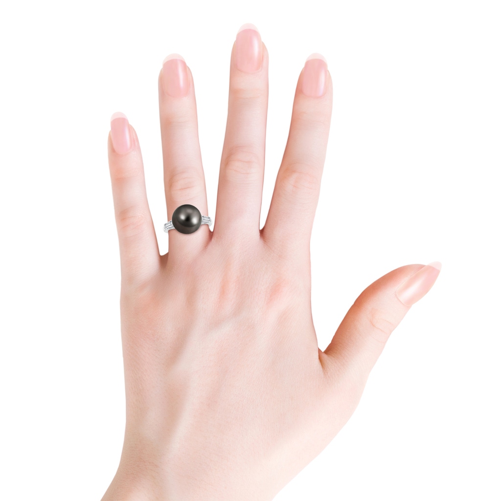 12mm AAA Tahitian Pearl Ring with Baguette Diamonds in White Gold Body-Hand