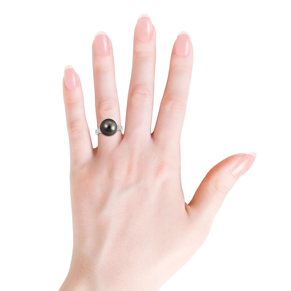 12mm AAA Tahitian Pearl Ring with Baguette Diamonds in White Gold body-hand