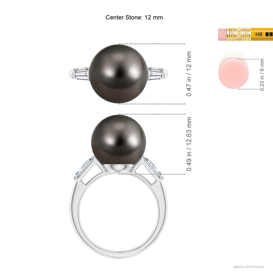 12mm AAA Tahitian Pearl Ring with Baguette Diamonds in White Gold ruler