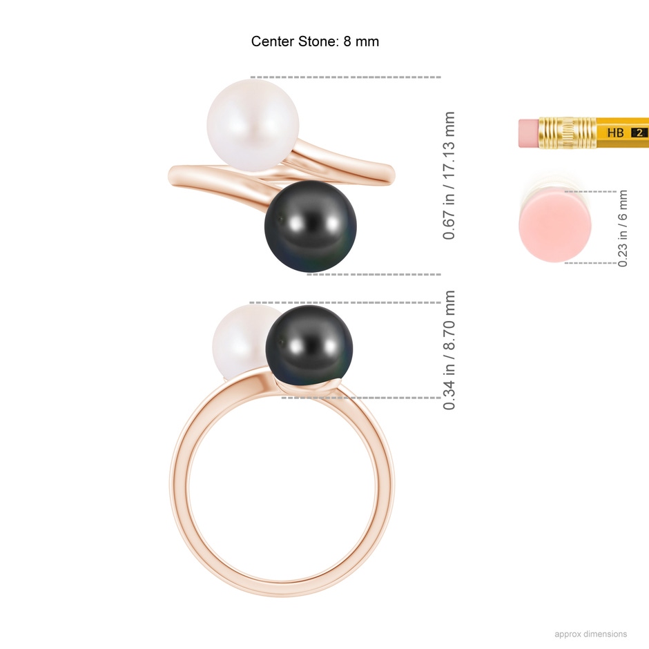 8mm AA Japanese Akoya & Tahitian Pearl Two Stone Ring in Rose Gold ruler