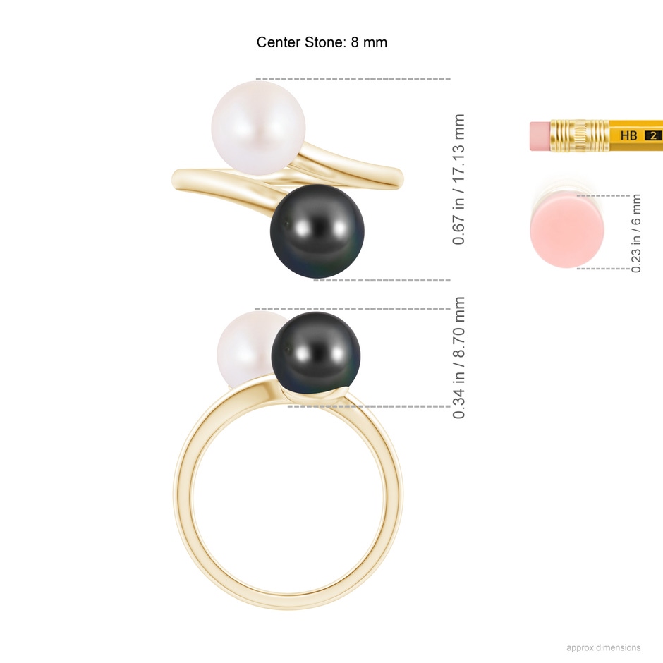 8mm AA Japanese Akoya & Tahitian Pearl Two Stone Ring in Yellow Gold ruler