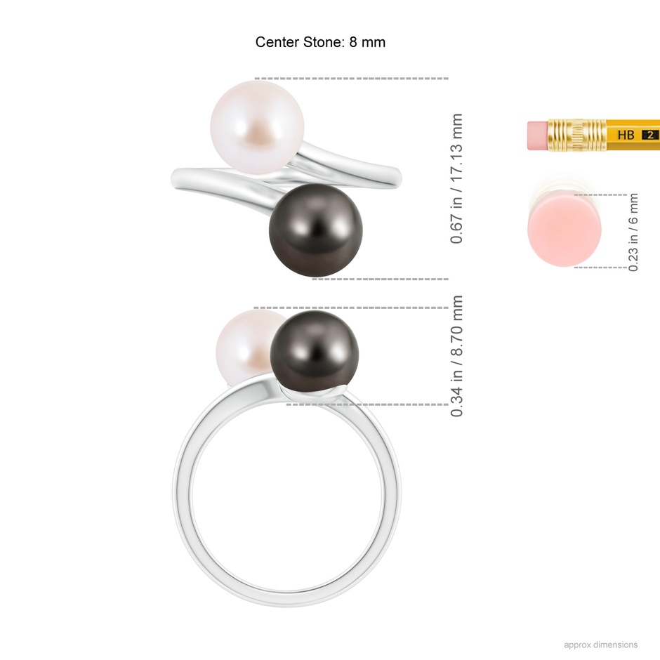 8mm AAA Japanese Akoya & Tahitian Pearl Two Stone Ring in White Gold ruler