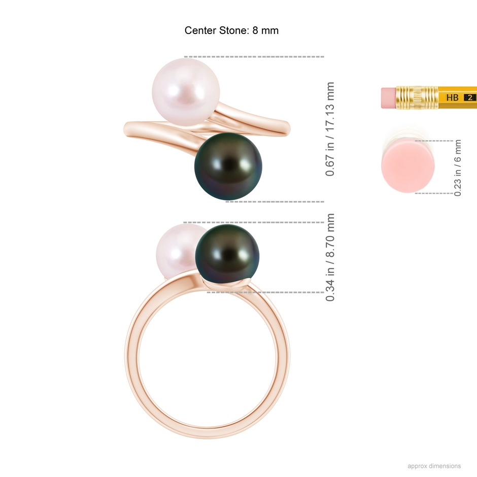 8mm AAAA Japanese Akoya & Tahitian Pearl Two Stone Ring in Rose Gold ruler