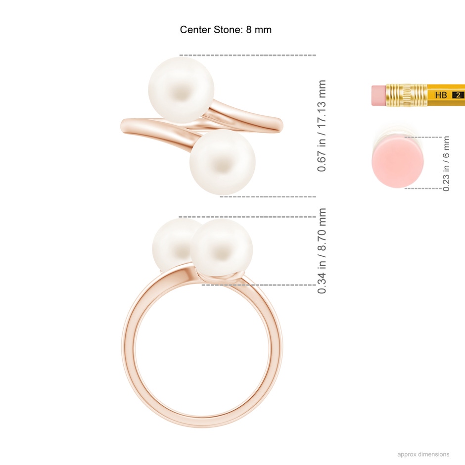 8mm AA Freshwater Pearl Two Stone Bypass Ring in Rose Gold ruler