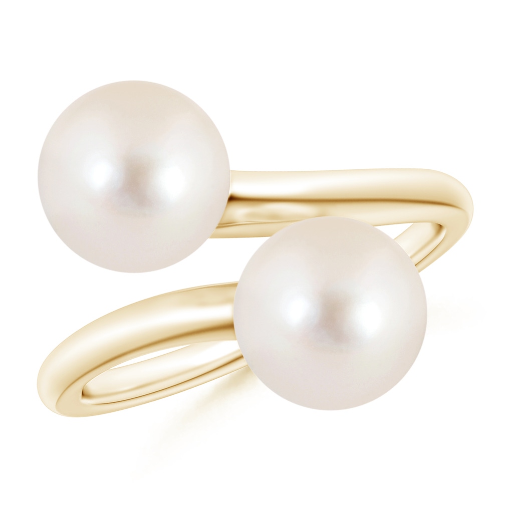 8mm AAAA Freshwater Pearl Two Stone Bypass Ring in Yellow Gold