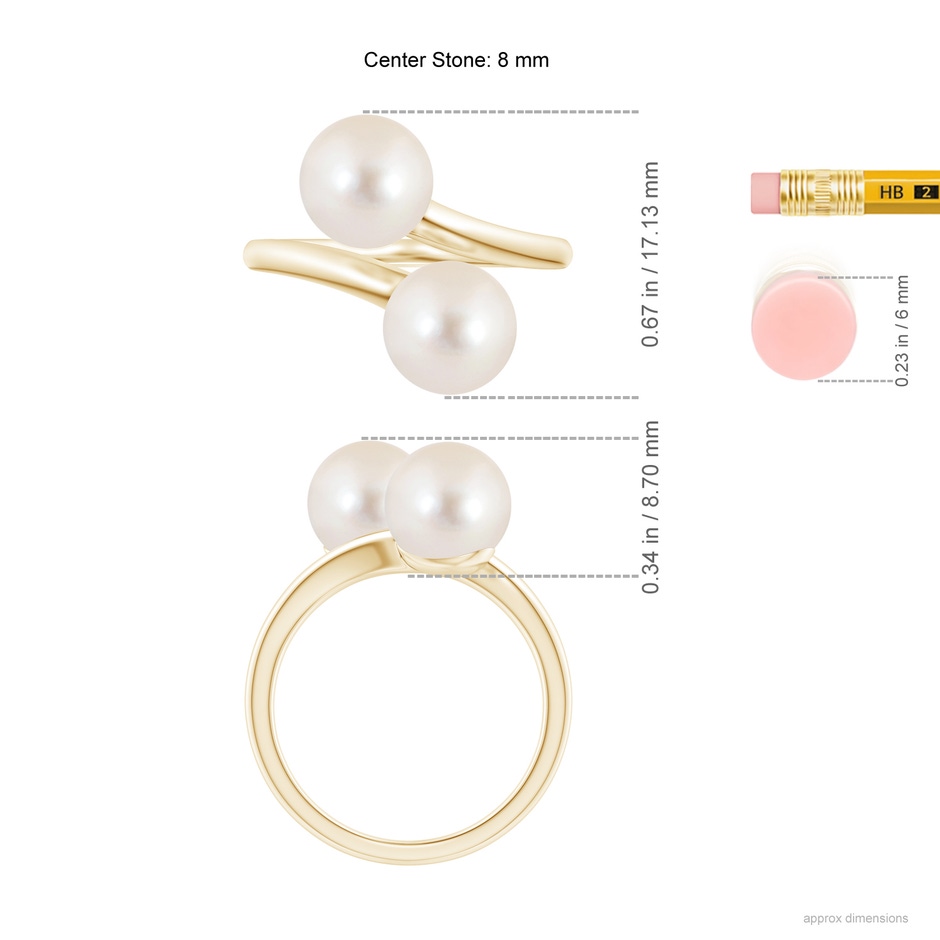 8mm AAAA Freshwater Pearl Two Stone Bypass Ring in Yellow Gold Ruler