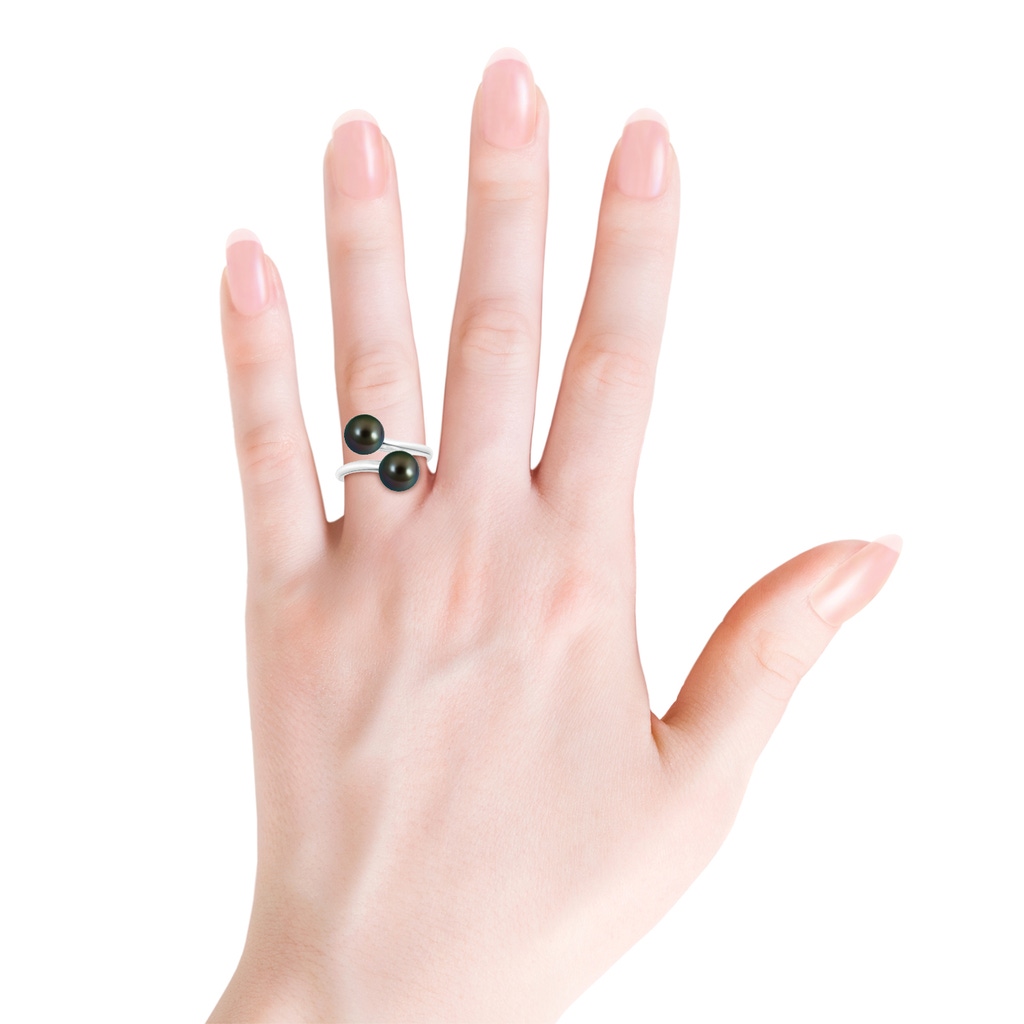 8mm AAAA Tahitian Pearl Two Stone Bypass Ring in White Gold - body_hand