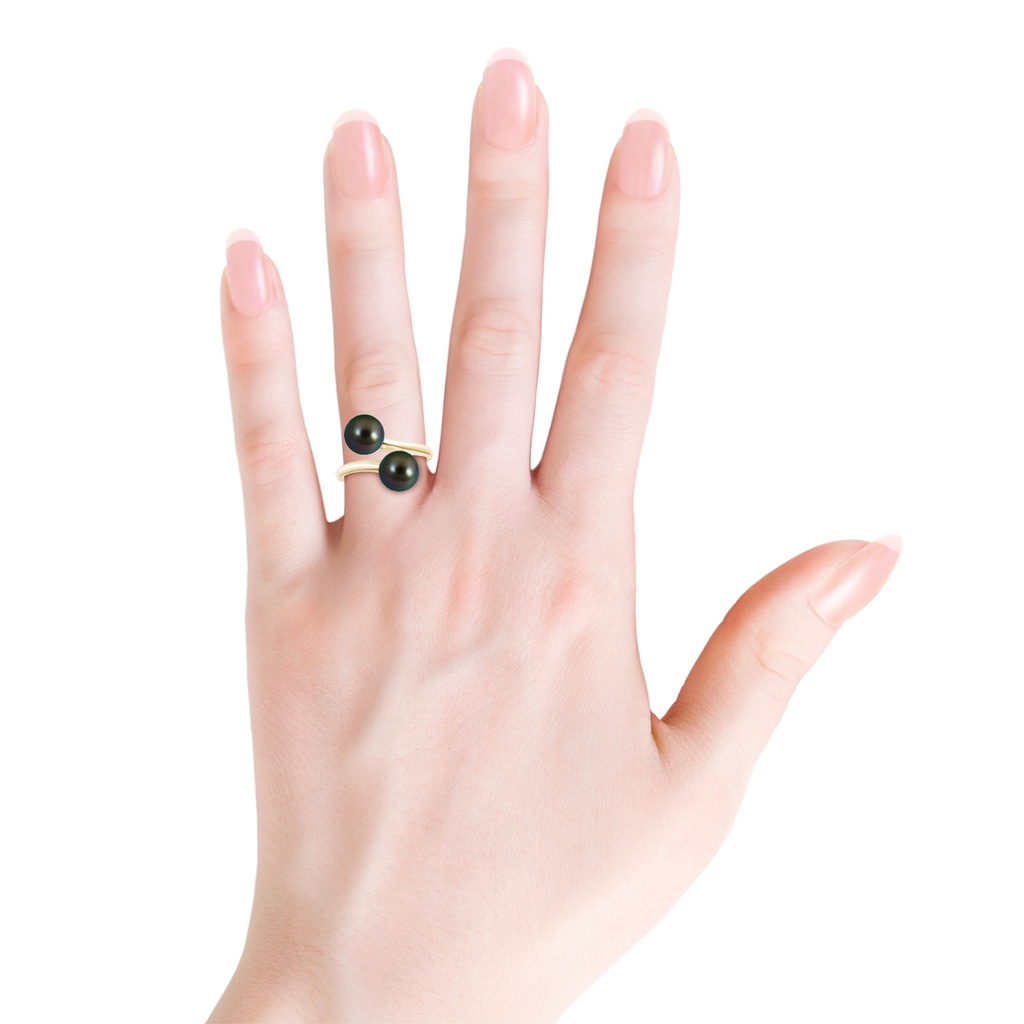 8mm AAAA Tahitian Pearl Two Stone Bypass Ring in Yellow Gold - body_hand