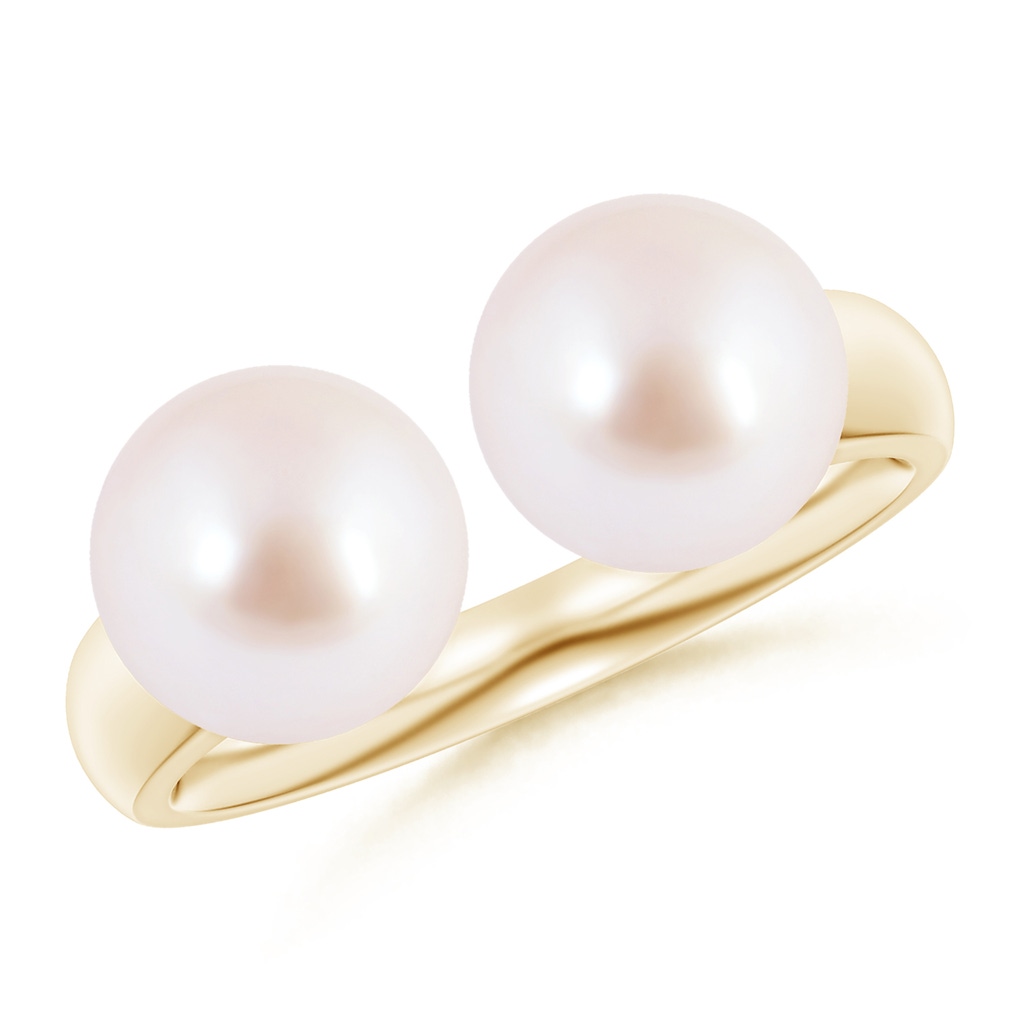 8mm AAA Japanese Akoya Pearl Two Stone Open Ring in Yellow Gold