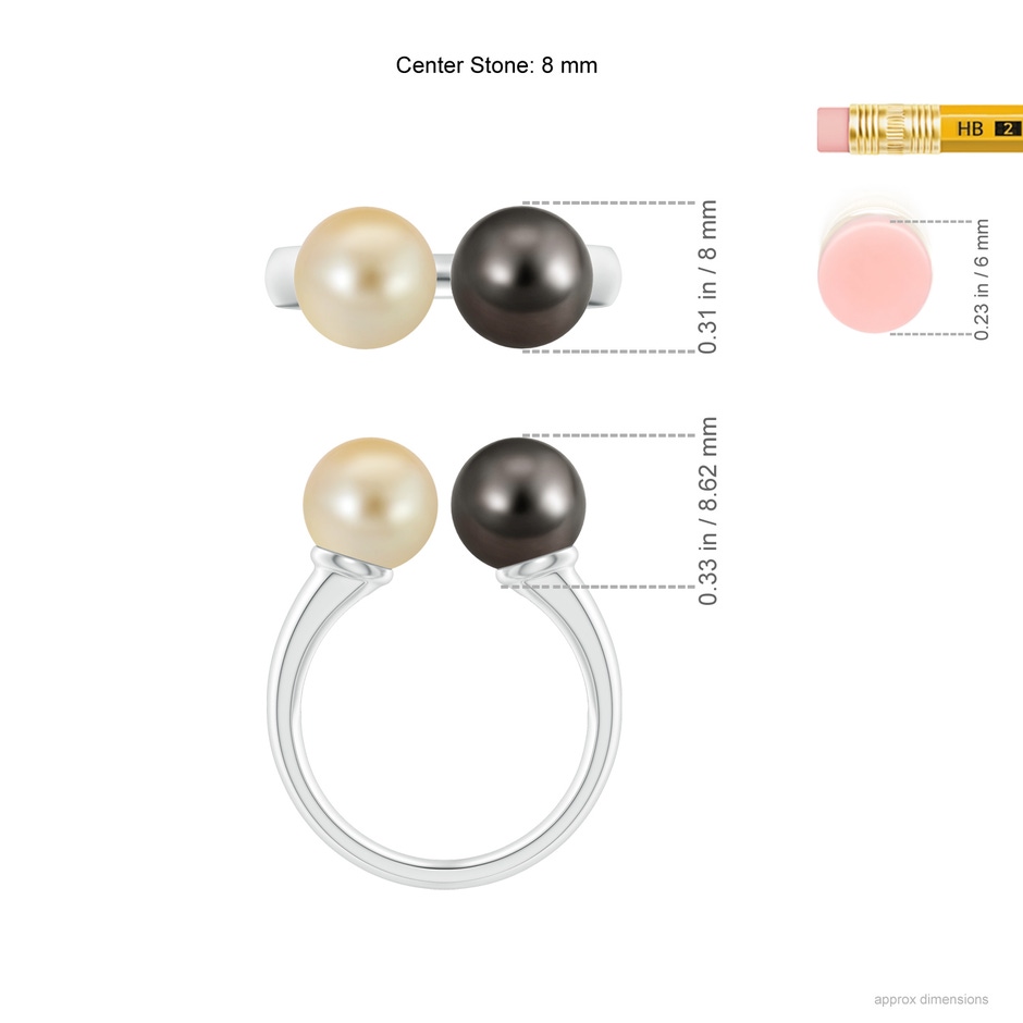 8mm AAA Golden South Sea & Tahitian Pearl Open Ring in White Gold ruler