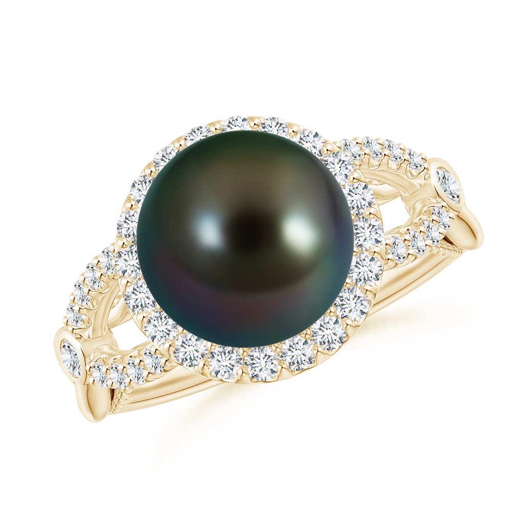 10mm AAAA Tahitian Pearl Halo Infinity Ring in Yellow Gold