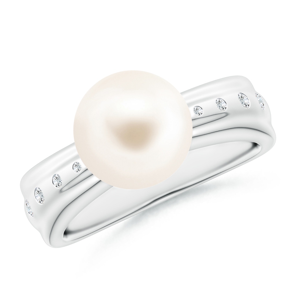 9mm AAA Freshwater Pearl Ring with Flush-Set Diamonds in White Gold