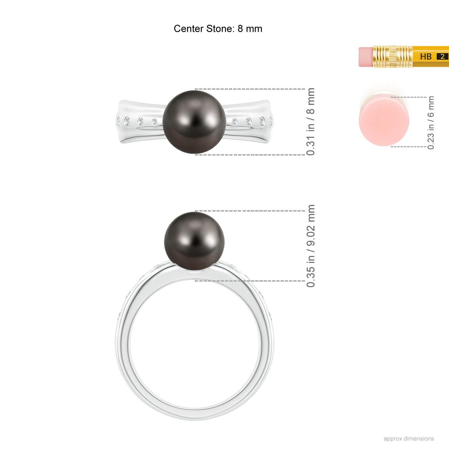 8mm AAA Tahitian Pearl Ring with Flush-Set Diamonds in White Gold - ruler