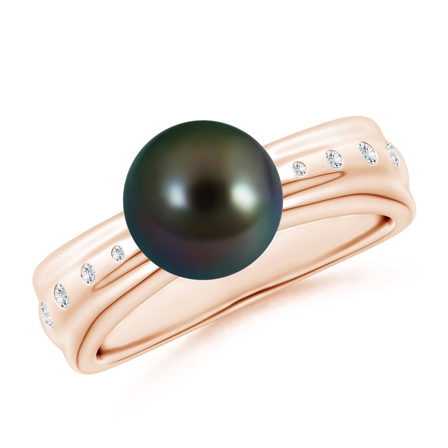 8mm AAAA Tahitian Pearl Ring with Flush-Set Diamonds in Rose Gold