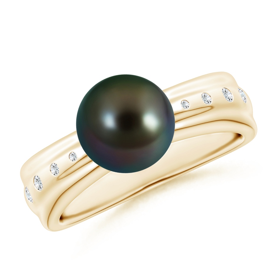 8mm AAAA Tahitian Pearl Ring with Flush-Set Diamonds in Yellow Gold 