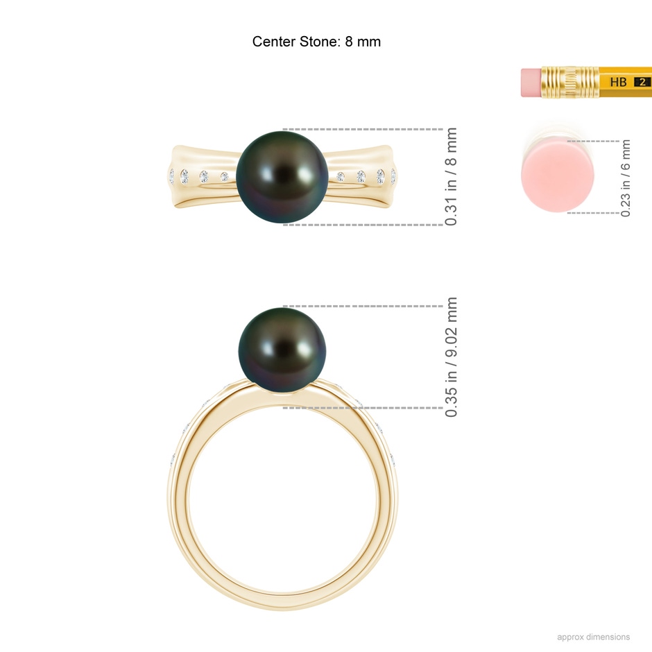 8mm AAAA Tahitian Pearl Ring with Flush-Set Diamonds in Yellow Gold ruler
