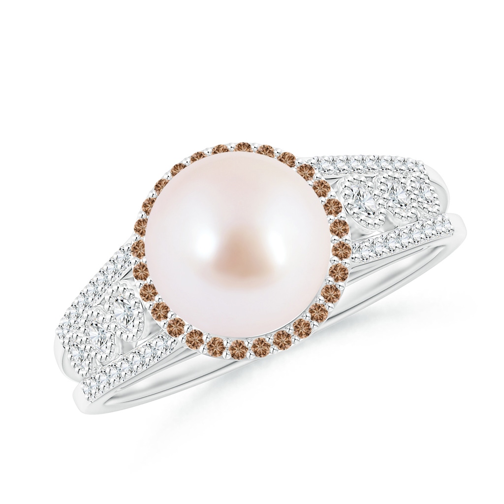 8mm AAA Japanese Akoya Pearl and Coffee Diamond Halo Ring in White Gold