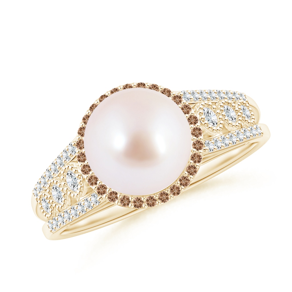 8mm AAA Japanese Akoya Pearl and Coffee Diamond Halo Ring in Yellow Gold