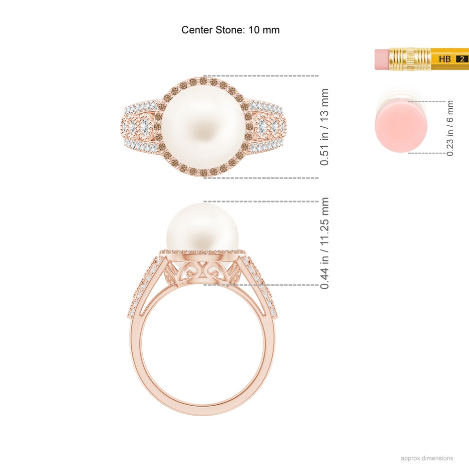 10mm AA Freshwater Pearl and Coffee Diamond Halo Ring in Rose Gold ruler