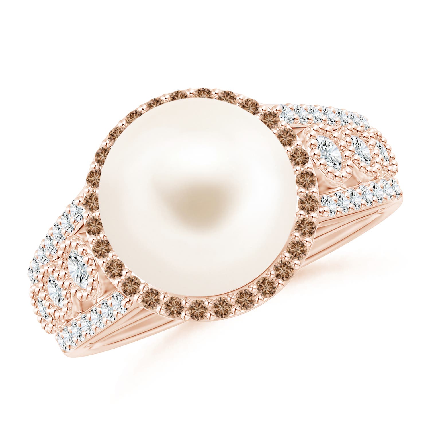 10mm AAA Freshwater Pearl and Coffee Diamond Halo Ring in Rose Gold