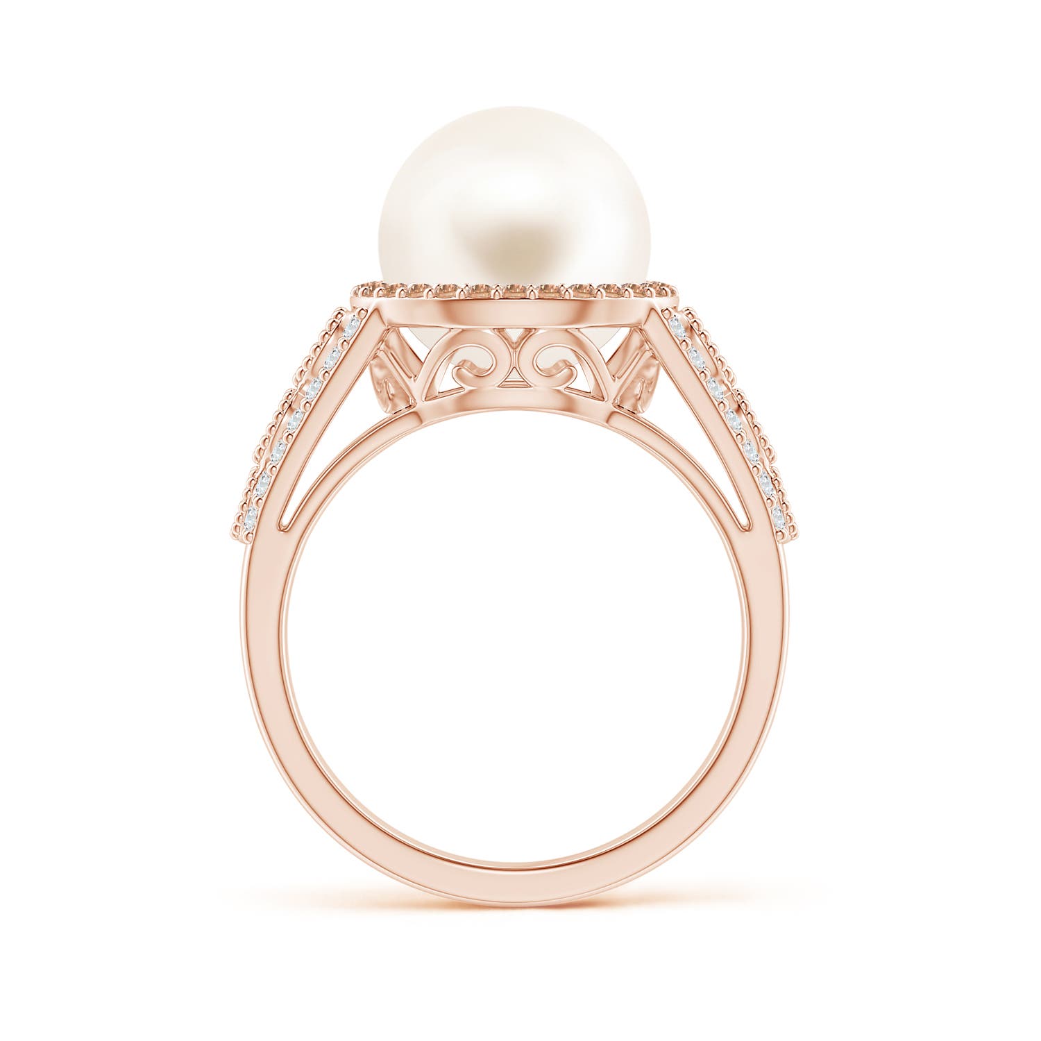 10mm AAA Freshwater Pearl and Coffee Diamond Halo Ring in Rose Gold