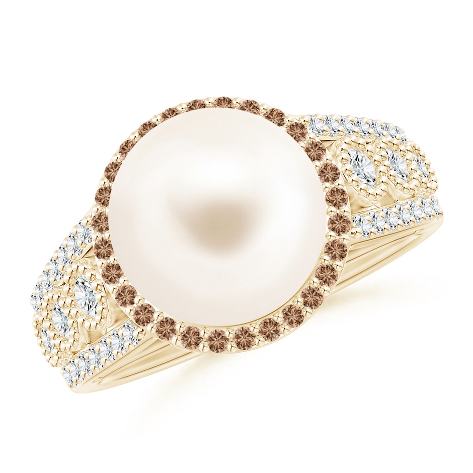10mm AAA Freshwater Pearl and Coffee Diamond Halo Ring in Yellow Gold 