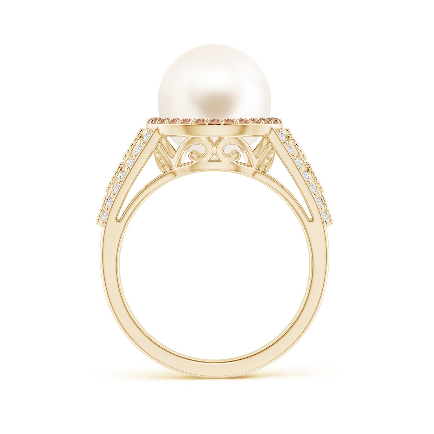 10mm AAA Freshwater Pearl and Coffee Diamond Halo Ring in Yellow Gold