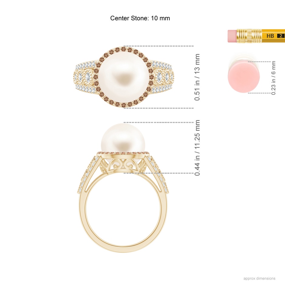 10mm AAA Freshwater Pearl and Coffee Diamond Halo Ring in Yellow Gold ruler