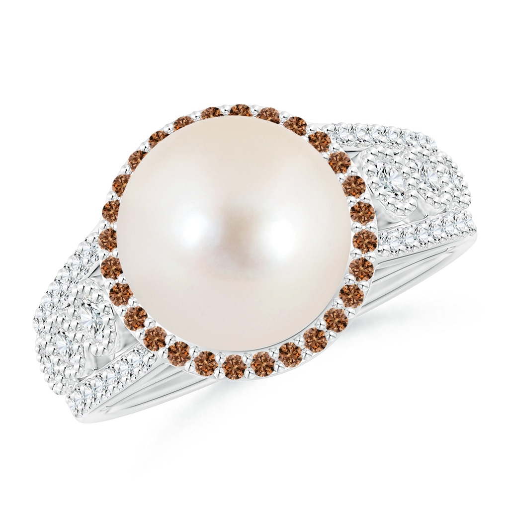 10mm AAAA Freshwater Pearl and Coffee Diamond Halo Ring in P950 Platinum