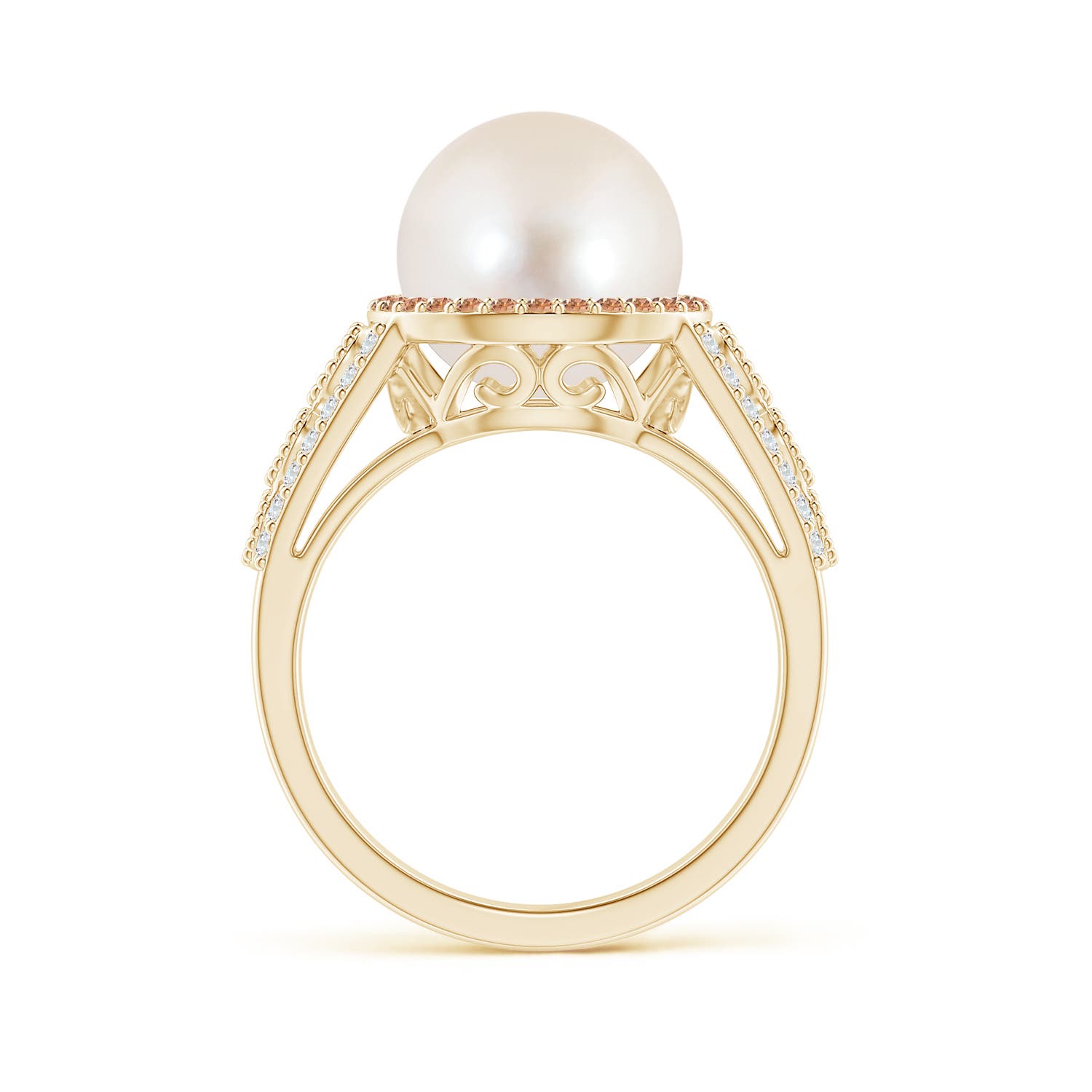 10mm AAAA Freshwater Pearl and Coffee Diamond Halo Ring in Yellow Gold