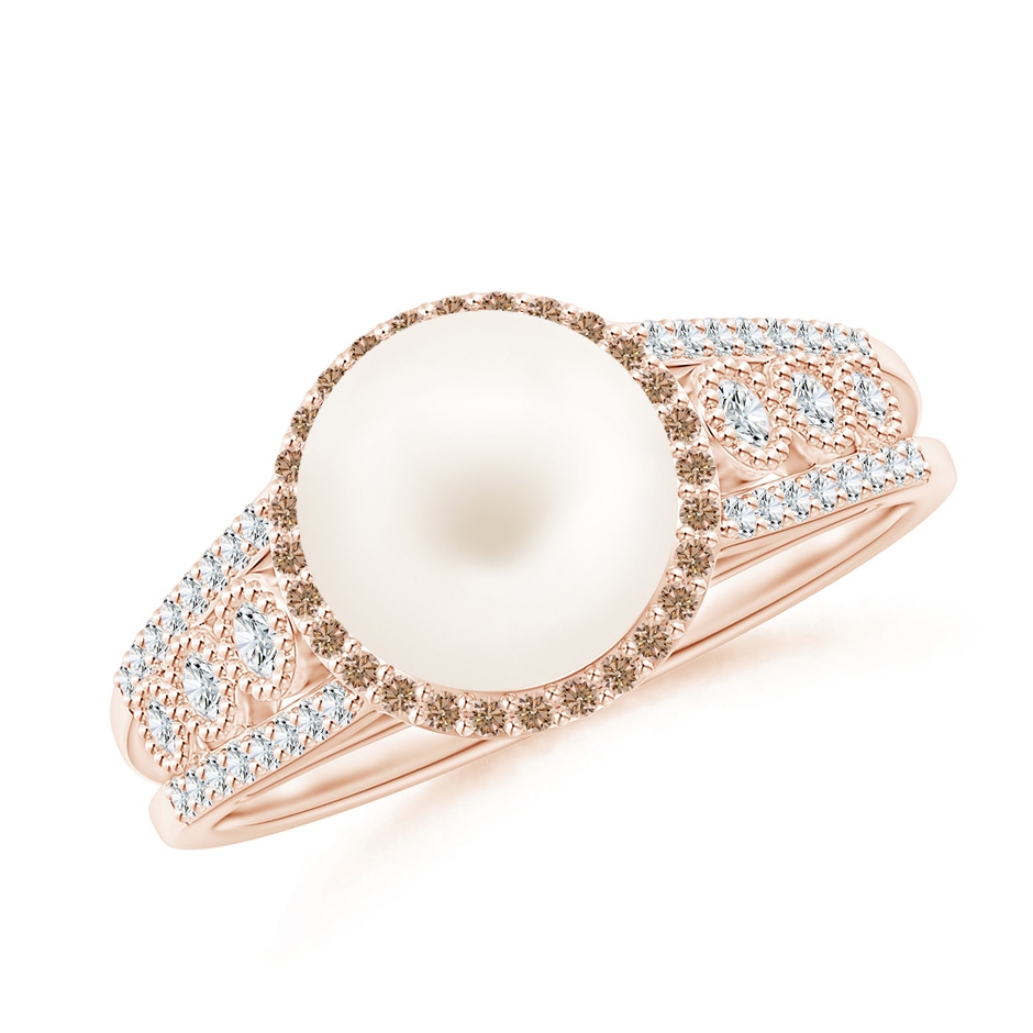 8mm AA Freshwater Pearl and Coffee Diamond Halo Ring in Rose Gold 