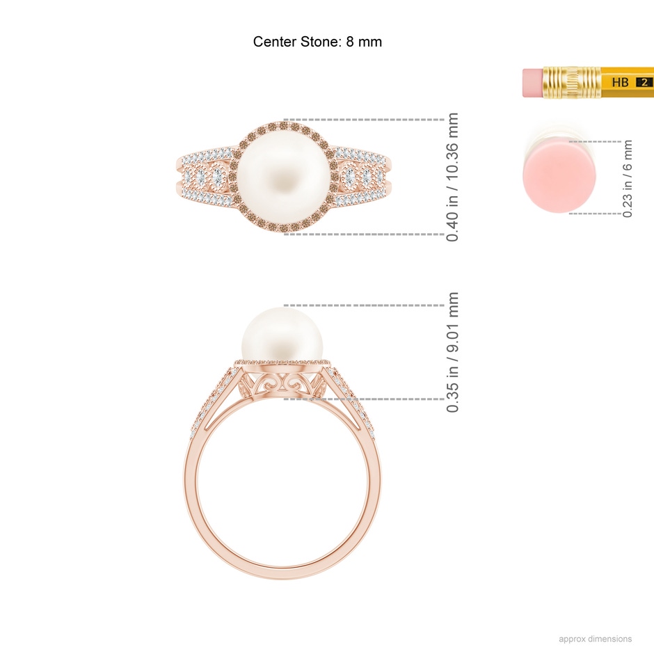8mm AA Freshwater Pearl and Coffee Diamond Halo Ring in Rose Gold ruler