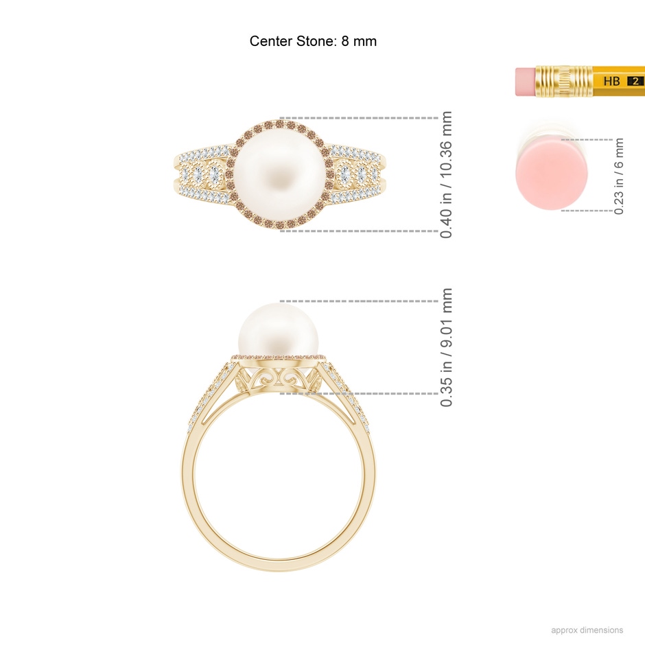 8mm AA Freshwater Pearl and Coffee Diamond Halo Ring in Yellow Gold ruler