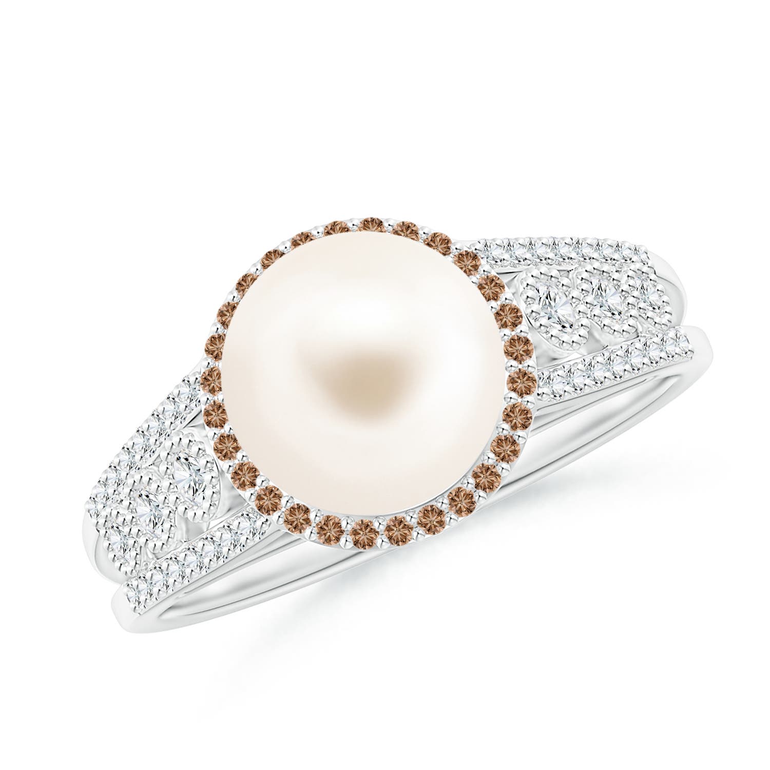 8mm AAA Freshwater Pearl and Coffee Diamond Halo Ring in P950 Platinum